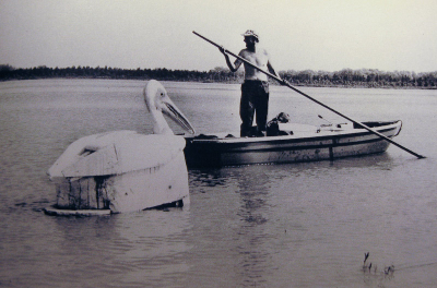 Eind jaren zeventig door een Oost-Duitse natuurfotograaf gebruikte drijvende schuilhut voor het fotograferen van (inderdaad) pelikanen ;-)