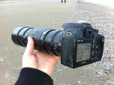 Ondanks de regen en al het zand erop doet hij het nog perfect!
Ik had eigenlijk later nog een foto moeten maken, want hij is veel natter geweest.

Hier zonder batterijgrip zodat ik een lager standpunt kan innemen.