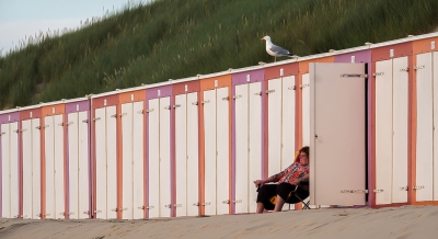 Tussen Oostkapelle en Domburg bevindt zich een vrijwel ononderbroken lint van strandhuisjes. Deze vrijwel geheel eenzame dame geniet ( nochtans samen met een meeuw ) van de ondergaande zon.