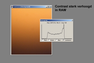 Hier is het contrast in RAW verhoogd. daarna is de foto opgeslagen als JPG

Let vooral op het veel gladdere histogram, In tegenstelling tot de in JPG bewerkte versie zie je hier ook geen kleursprongen.